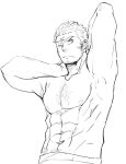  1boy :/ abs arm_hair arms_behind_head bara beard_stubble chest_hair cross_scar greyscale highres houzouin_oniwaka large_pectorals long_sideburns looking_to_the_side male_focus mature_male monochrome muscular muscular_male navel navel_hair nipples one_eye_closed pectorals scar scar_on_face scar_on_forehead short_hair sideburns sideways_glance sketch solo stomach tass_commuovere thick_eyebrows tokyo_afterschool_summoners topless_male v-shaped_eyebrows 