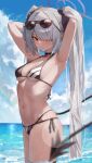  1girl absurdres arms_behind_head bare_arms bare_legs bare_shoulders bikini black_bikini black_tail blue_archive blush breasts closed_mouth cloud cloudy_sky cowboy_shot day eyewear_on_head grey_hair hair_over_one_eye highres iori_(blue_archive) iori_(swimsuit)_(blue_archive) long_hair looking_at_viewer navel ocean pointy_ears red_eyes sky small_breasts solo sunglasses swimsuit toi1et_paper twintails 