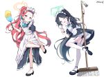  2girls ;d absurdres aris_(blue_archive) aris_(maid)_(blue_archive) black_footwear black_hair blue_archive blue_eyes broom commentary_request dated full_body garter_straps halo highres holding holding_broom koe_neko_(wmfj2858) long_hair looking_at_viewer maid maid_headdress multiple_girls official_alternate_costume one_eye_closed open_mouth ponytail red_hair shoes simple_background smile thighhighs very_long_hair white_background white_thighhighs yuzu_(blue_archive) yuzu_(maid)_(blue_archive) 