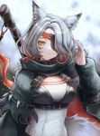  1girl 3_(sanyako1) animal_ears arknights black_cape breasts cape eyepatch grey_background hair_over_one_eye hand_up highres long_sleeves looking_at_viewer one_eye_covered quartz_(arknights) red_cape shirt short_hair small_breasts smile solo tail two-sided_cape two-sided_fabric upper_body weapon weapon_on_back white_shirt wolf_ears wolf_girl wolf_tail yellow_eyes 