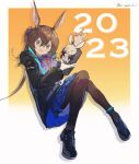  &gt;_&lt; 1girl 2023 :3 :d \||/ amiya_(arknights) animal_ears anklet arknights ascot black_footwear black_jacket blue_skirt brown_pantyhose chinese_zodiac commentary_request dated frilled_ascot frills full_body highres jacket jewelry knees_together_feet_apart knees_up long_hair long_sleeves looking_at_viewer multiple_rings open_mouth pantyhose plaid plaid_skirt ponytail purple_ascot rabbit rabbit_ears rabbit_girl ring ruoshiyun66462 signature skirt smile solo thumb_ring year_of_the_rabbit 