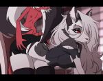  2d_(artwork) 2d_animation all_fours animated anthro breasts butt butt_grab canid canid_demon clothed clothing demon duo ear_piercing ears_up female genitals hair hand_on_butt hellhound helluva_boss hot_dogging humanoid imp kyde legwear long_hair loona_(helluva_boss) male male/female mammal moxxie_(helluva_boss) no_sound penis piercing red_sclera sex standing standing_sex tail unimpressed white_hair yellow_sclera 