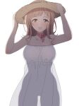  1girl arimon_(dfrgty12) armpits blush breasts collarbone dress hands_on_headwear hat highres idolmaster idolmaster_shiny_colors large_breasts light_brown_hair looking_at_viewer sakuragi_mano see-through_silhouette simple_background smile solo straw_hat sundress white_background white_dress 