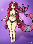  absurd_res anthro barefoot big_breasts bikini bikini_top blue_eyes breasts clothing fan_character feet female fin generation_3_pokemon hair hi_res long_hair long_tail luna_the_milotic milotic moccathellama moon nintendo pokemon pokemon_(species) red_hair slightly_chubby smile solo standing swimwear tail tail_fin 