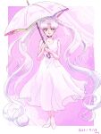  bishoujo_senshi_sailor_moon dress grey_eyes hair_bun heart_hair_bun highres karikaridaka long_dress long_hair rainbow_order sailor_cosmos sleeveless smile twintails umbrella very_long_hair white_dress white_footwear white_hair 