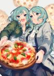  2girls aqua_hair bang_dream! bead_necklace beads black_pantyhose blue_skirt braid coat diamond_necklace food green_eyes green_jacket grey_coat hikawa_hina hikawa_sayo holding holding_food jacket jewelry long_hair medium_hair multiple_girls necklace open_mouth pantyhose pizza pleated_skirt shirt siblings sidelocks sisters skirt smile tamaki_iori twin_braids twins white_shirt 