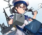  1girl bag black_hair blue_collar blue_sailor_collar collar cowboy_shot depth_charge dress gradient_background hat highres holding kantai_collection looking_at_viewer machinery purple_eyes sailor_collar sailor_dress sailor_hat short_hair short_sleeves shounan_(kancolle) solo sunday_aki twintails white_dress white_headwear 
