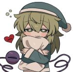  1girl adapted_costume exhausted green_eyes green_hair green_headwear green_jacket hat heart holding holding_pillow jacket komeiji_koishi long_hair long_sleeves looking_at_viewer nightcap pillow solo touhou white_background zunusama 