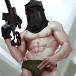  1boy abs artist_name bara black_male_underwear briefs call_of_duty call_of_duty:_modern_warfare_2 covered_face gun helmet highres holding holding_gun holding_weapon huntang513 konig_(call_of_duty) large_pectorals looking_at_viewer male_focus male_underwear mask muscular muscular_male navel nipples pectorals scar scar_on_stomach solo twitter_username underwear weapon 