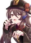  1girl :d amaner bead_bracelet beads black_nails bracelet bright_pupils brown_hair fang flower flower-shaped_pupils genshin_impact hair_between_eyes hat hat_flower hat_tassel highres hu_tao_(genshin_impact) jewelry long_hair long_sleeves looking_at_viewer multiple_rings orange_eyes ring simple_background smile solo symbol-shaped_pupils twintails upper_body white_background white_pupils wide_sleeves 