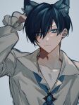  1boy animal_ears arm_up blue_background blue_eyes blue_hair blue_lock cat_boy cat_ears closed_mouth collarbone fang highres itoshi_rin jewelry long_sleeves looking_at_viewer male_focus na_su shirt short_hair skin_fang solo v-shaped_eyebrows white_shirt 