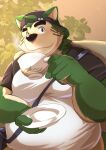  absurd_res anthro blush canid canine canis clothing container cup domestic_dog eyebrows fur green_body green_fur hi_res lifewonders live_a_hero male mammal mokdai nazebesu_hobby overweight saucer shirt solo t-shirt tea_cup thick_eyebrows topwear 