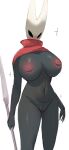  absurd_res anthro arthropod big_breasts black_body black_eyes breasts cape clothing female front_view genitals hi_res holding_object holding_weapon hollow_knight hornet_(hollow_knight) huge_breasts insect nipples non-mammal_breasts non-mammal_nipples pink_nipples pussy simple_background sketch smewed solo team_cherry weapon 