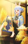  1girl aiuabo animal_ears architecture barefoot blue_hair blurry blurry_background blush carrot east_asian_architecture food foot_out_of_frame hair_bun hand_on_own_knee haori highres hololive japanese_clothes kimono knees_together_feet_apart knees_up long_hair looking_to_the_side multicolored_hair open_mouth orange_eyes outdoors plant potted_plant print_kimono rabbit_ears rabbit_girl shadow short_eyebrows sitting solo sparkle spread_toes streaked_hair teeth thick_eyebrows toenails toes upper_teeth_only usada_pekora virtual_youtuber white_hair 