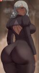  1girl ass back_cutout black_dress blurry blurry_background blush braid breasts clothing_cutout commentary cowboy_shot dress from_behind grey_hair hair_over_one_eye heavy_breathing highres jujutsu_kaisen juliet_sleeves large_breasts long_sleeves looking_at_viewer looking_back low_twin_braids mei_mei_(jujutsu_kaisen) oroborus parted_lips patreon_logo patreon_username puffy_sleeves purple_eyes shoulder_blades solo teeth twin_braids upper_teeth_only web_address 