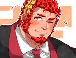  1boy bara blush claude_(housamo) close-up coat collared_shirt commentary_request facial_hair flying_sweatdrops goatee green_eyes highres kizami_nori_to_yamaimo laurel_crown light_smile long_sideburns looking_at_viewer male_focus mature_male motion_lines muscular muscular_male necktie one_eye_closed orange_background outline red_hair red_necktie shirt short_hair sideburns signature solo sparkle thick_eyebrows tokyo_afterschool_summoners two-tone_background white_background white_outline white_shirt 