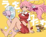  2girls barefoot between_legs bow crossed_legs di_gi_charat dice_hair_ornament electric_fan food food_in_mouth hair_ornament holding kashmir kyoufuu_all_back_(vocaloid) multiple_girls navel pink_hair popsicle popsicle_in_mouth puchiko rabbit red_bow simple_background sitting sweat usada_hikaru wind yellow_background 