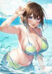  1girl bikini blush breasts brown_hair cleavage green_bikini hair_between_eyes hawawa-chan_(shiro_kuma_shake) highres large_breasts looking_at_viewer navel ocean open_mouth original outdoors purple_eyes sarong shiro_kuma_shake smile solo sunlight swimsuit water 