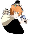  2boys 2girls aoyagi_touya azusawa_kohane backwards_hat black_hair black_jacket blue_hair brown_eyes brown_hair closed_mouth fox_shadow_puppet from_behind hair_ornament hat highres hood hood_down hoshi-toge jacket long_hair looking_at_viewer mini_person minigirl multicolored_hair multiple_boys multiple_girls project_sekai shinonome_akito shiraishi_an short_twintails simple_background star_(symbol) star_hair_ornament streaked_hair twintails vivid_bad_squad_(project_sekai) white_background white_hood 