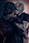  2boys artist_name bara carrying carrying_person closed_eyes clothes_pull couple curtained_hair fingerless_gloves folyxfanart gloves holster jacket kiss leon_s._kennedy luis_sera male_focus multiple_boys muscular muscular_male pants pants_pull resident_evil resident_evil_4 resident_evil_4_(remake) short_hair shoulder_holster tumblr_username yaoi 