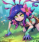  1girl all_fours blue_hair breasts colored_skin crop_top flower grass green_skin hair_flower hair_ornament league_of_legends multicolored_background multicolored_hair multicolored_skin neeko_(league_of_legends) outdoors parted_lips phantom_ix_row pink_flower pink_hair skirt small_breasts solo teeth two-tone_hair yellow_eyes 