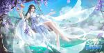  1girl absurdres bare_legs blue_sky building closed_mouth cloud dress earrings facial_mark falling_petals flower forehead_mark fu_guang_qingqing full_body highres jewelry lu_xueqi_(zhu_xian) mountain outdoors petals reaching second-party_source sky solo swing_set tiara water white_dress wisteria zhu_xian 