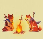  2others animal_focus animated animated_gif bonfire bonfire_(dark_souls) cat closed_eyes dark_souls_(series) dog english_commentary fire knife mace multiple_others no_humans original parody shiba_inu shimhaq simple_background sword sword_behind_back weapon 