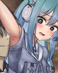  1boy 1girl armpits black_hair blue_hair blurry blurry_background blush breast_pocket breasts brown_background collared_shirt commander_(nikke) embarrassed eyelashes goddess_of_victory:_nikke hair_between_eyes headphones long_bangs long_hair looking_down naughty_face nose open_mouth pocket saliva shifty_(nikke) shirt sleeveless small_breasts smell sphere-stc steam steaming_body sweat sweaty_clothes uniform upper_body very_sweaty 