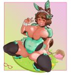  1girl animal_ear_fluff animal_ears arm_support bad_id bad_twitter_id basket blush border breasts brown_hair brown_tail cleavage easter_egg egg fake_animal_ears huge_breasts indie_virtual_youtuber lainilly mint_castella open_mouth outside_border plump rabbit_ears short_sleeves squatting thick_thighs thighhighs thighs v white_border 