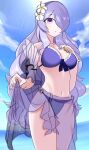  bikini blue_sky breasts camilla_(fire_emblem) camilla_(summer)_(fire_emblem) cleavage fire_emblem fire_emblem_fates fire_emblem_heroes flower hair_flower hair_ornament hair_over_one_eye large_breasts long_hair looking_at_viewer navel official_alternate_costume ondur parted_lips purple_bikini purple_eyes purple_hair purple_nails purple_sarong sarong see-through_sarong sky swimsuit very_long_hair 