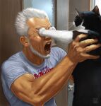  1boy animal beard cat covered_eyes facial_hair holding holding_animal holding_cat indoors matataku monita_(matataku) muscular muscular_male old old_man original pain realistic shirt shouting surprised_cat_(matataku) t-shirt teeth upper_body veins veiny_arms white_hair 