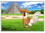  bird blue_sky chichen_itza chicken cloud cloudy_sky day grass hat highres instrument keiji_(niwatori_fighter) maracas mexico niwatori_fighter no_humans outdoors poncho pyramid_(structure) sakuratani_shuu sky sombrero tree 