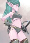  1girl absurdres aqua_hair bare_shoulders bikini black_gloves breasts colored_skin covered_nipples dragon_quest dragon_quest_x elf elf_(dq10) eyelashes gauntlets gloves grey_bikini hand_on_own_hip highres layered_bikini long_hair medium_breasts muramasa_mikado navel official_style pink_eyes pointy_ears purple_skin rapier side-tie_bikini_bottom solo standing swimsuit sword toriyama_akira_(style) weapon 