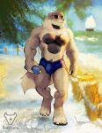  2023 anthro biceps body_hair brown_body brown_fur bulge bullstorm canid canine canis clothed clothing day digital_media_(artwork) domestic_dog eyewear fur happy_trail hi_res holding_object male mammal muscular muscular_anthro muscular_male navel nipples outside pecs plant sky smile solo speedo speedo_only sunglasses swimwear tan_body tan_fur topless tree walking water 