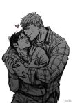  2boys bad_id bad_tumblr_id bara black_hair blonde_hair blush collared_shirt couple cris_art feet_out_of_frame greyscale hand_on_another&#039;s_arm heart hood hood_down hug hug_from_behind hulkling male_focus marvel monochrome multiple_boys shirt short_hair sideburns sketch sparse_stubble standing thick_eyebrows toned white_background wiccan yaoi 