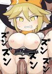  1boy 1girl bar_censor black_vest blonde_hair blush body_freckles bow breasts breasts_out buttons censored cleavage cleavage_cutout clenched_teeth clothing_cutout commentary cookie_(touhou) freckles hair_between_eyes hat hat_bow hetero hospital_king kirisame_marisa kohaku_(cookie) large_breasts long_bangs long_sleeves motion_lines nipples orange_bow orange_scarf penis pussy reverse_suspended_congress scarf sex shirt short_hair simple_background solo_focus teeth touhou vest white_background white_shirt witch_hat yellow_eyes 