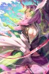  1girl :o absurdres black_jacket blue_sky branch breasts cherry_blossoms cleavage cloud collared_jacket dated demon_slayer_uniform facing_to_the_side falling_petals gradient_hair green_eyes green_hair green_thighhighs haori highres holding holding_sword holding_weapon jacket japanese_clothes kanroji_mitsuri kimetsu_no_yaiba large_breasts long_hair long_sleeves mole mole_under_eye multicolored_hair multiple_moles outdoors partially_unbuttoned petals pink_hair ribbed_legwear ribbed_thighhighs signature sky solo sword thighhighs tree tri_braids waligner weapon wind 