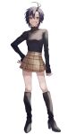  antenna_hair black_hair black_sweater boots grey_eyes hand_on_own_hip highres idolmaster kikuchi_makoto looking_at_viewer mame88ta miniskirt short_hair simple_background skirt smile sweater 