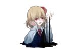  1girl absurdres black_vest blonde_hair blush collared_shirt darkness hair_between_eyes hair_ribbon highres lit_ter long_sleeves open_mouth red_eyes red_ribbon ribbon rumia shirt short_hair simple_background solo touhou upper_body vest white_background white_shirt 