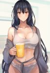  1girl black_hair breasts closed_mouth collarbone cowboy_shot cup grey_panties grey_sports_bra hair_between_eyes highres holding holding_cup kantai_collection kasumi_(skchkko) large_breasts long_hair looking_at_viewer nagato_(kancolle) panties red_eyes solo sports_bra underwear 