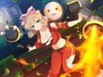  1girl black_sports_bra blonde_hair blue_eyes blush bow breasts brick building bush city city_lights cityscape cleavage curly_hair falling_leaves fire flame flamethrower grass hair_bow haruka_(senran_kagura) hood hooded_jacket hooded_track_jacket jacket lamppost large_breasts leaf looking_at_viewer mechanical_arms midriff navel night night_sky non-humanoid_robot official_alternate_costume official_art outdoors pants park pink_bow railing red_track_suit ribbon robot senran_kagura senran_kagura_new_link shiny_skin short_hair sky skyscraper smile solo sparks sports_bra standing star_(sky) starry_sky torn_clothes torn_jacket torn_pants torn_sleeves torn_sports_bra track_jacket tree weapon white_footwear 