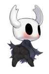  2_horns anthro arthropod balls black_body black_skin blue_cloak blush blush_lines butt cloak clothing genitals hanuvo hollow_eyes hollow_knight horn insect looking_at_viewer looking_back looking_back_at_viewer male presenting presenting_hindquarters rear_view shell simple_background solo standing team_cherry the_knight_(hollow_knight) white_background 