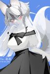  1girl absurdres animal_ear_fluff animal_ears black_hair black_skirt blue_background blue_eyes blush body_fur braid breasts clothes_lift commission floating_hair fox_ears fox_girl fox_tail furry furry_female grey_fur grey_hair head_tilt highres long_hair looking_at_viewer medium_breasts mei_kemo multicolored_hair nelly_(nonoka917) off-shoulder_shirt off_shoulder original second-party_source shirt shirt_tucked_in side_braid skeb_commission skirt skirt_lift solo streaked_hair tail very_long_hair white_shirt 