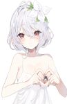  1girl antenna_hair areola_slip blush breasts camisole censored cleavage collarbone covered_nipples flower grey_hair hair_between_eyes hair_flower hair_ornament heart heart_hands highres karyl_(princess_connect!) kokkoro_(princess_connect!) looking_at_viewer medium_breasts novelty_censor petite pointy_ears princess_connect! red_eyes see-through simple_background smile solo strap_slip upper_body white_background white_camisole yupi_(yuyupiko01) 