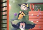  1girl :d absurdres black_bow black_headwear black_sash blurry blurry_background blush bow capelet detached_sleeves eyeball feet_out_of_frame frilled_capelet frilled_skirt frilled_sleeves frills green_capelet green_eyes green_skirt grey_hair hat hat_bow hat_ribbon heart heart_of_string highres komeiji_koishi long_sleeves looking_at_viewer medium_hair open_mouth ribbon sash shirt skirt sleeve_bow smile solo standing teeth thighhighs third_eye touhou upper_teeth_only white_thighhighs wide_sleeves wrainman yellow_bow yellow_ribbon yellow_shirt yellow_sleeves 