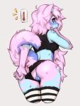  &lt;3 &lt;3_eyes anthro arm_tuft biped black_sclera blue_eyes blush bodily_fluids breasts butt canid canine canis clothing domestic_dog elbow_tuft female fluffy fluffy_tail fur genitals hair hi_res husky inner_ear_fluff kolae_(character) legwear mammal multicolored_body multicolored_fur nordic_sled_dog pink_hair pussy scientific_instrument shoulder_tuft simple_background solo spitz spuydjeks stockings sweat sweaty_butt tail thermometer thigh_highs tuft 
