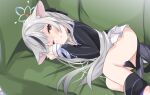  1girl absurdres animal_ears blue_archive blush brown_eyes commentary_request couch grey_hair halo highres jacket kokona_(blue_archive) looking_at_viewer numahata_tofu. one_eye_closed open_mouth solo thighs waking_up 