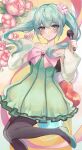  1girl absurdres aqua_eyes aqua_hair bare_shoulders black_thighhighs colorful_x_melody_(vocaloid) commentary detached_sleeves dress flower green_dress hair_flower hair_ornament hatsune_miku highres holding holding_microphone microphone ribbon-trimmed_sleeves ribbon_trim smile solo strapless strapless_dress tako_yuui thighhighs twintails vocaloid 
