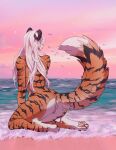  absurd_res anthro beach felid female fur genitals hair hi_res lynjox mammal multicolored_body multicolored_fur nude pantherine posing_for_picture pussy sea seaside smile solo striped_body striped_fur stripes sukena surf tail tiger two_tone_body two_tone_fur water white_body white_fur white_hair 