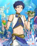  1boy air_bubble bare_shoulders blue_hair bowl bracelet bubble coral cowboy_shot cup dark_blue_hair drinking_glass ensemble_stars! fingernails fish fushimi_yuzuru happy_elements holding holding_bowl holding_cup jewelry looking_at_viewer male_focus mole mole_under_eye navel official_art purple_eyes salad shell short_bangs short_hair sleeveless smile solo stomach teeth third-party_source 
